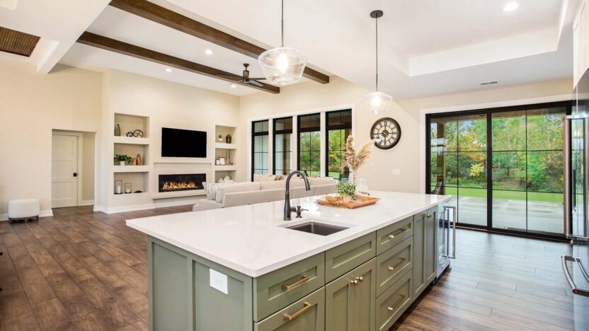 Open kitchen and living room area of a new house in West Michigan