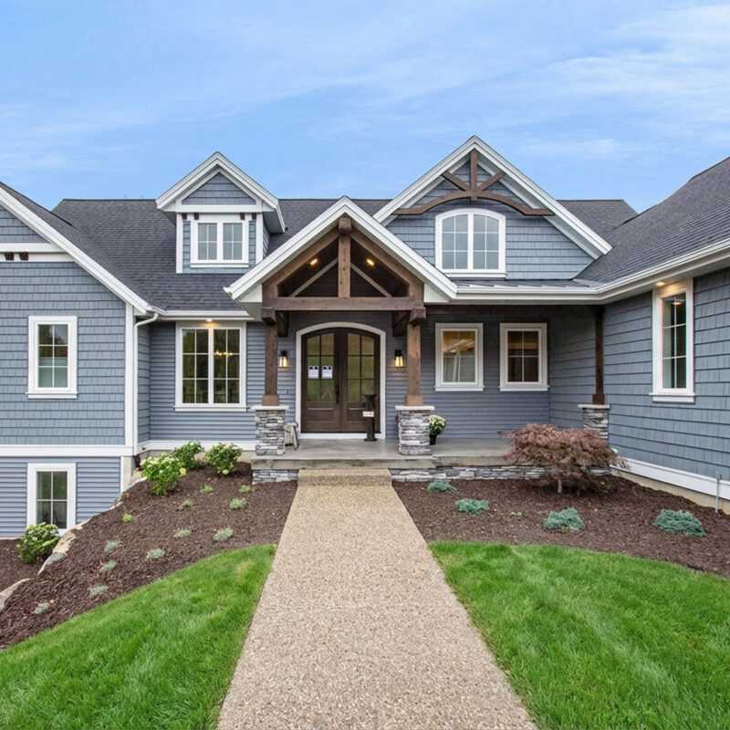 Luxury new light blue home with a green front yard