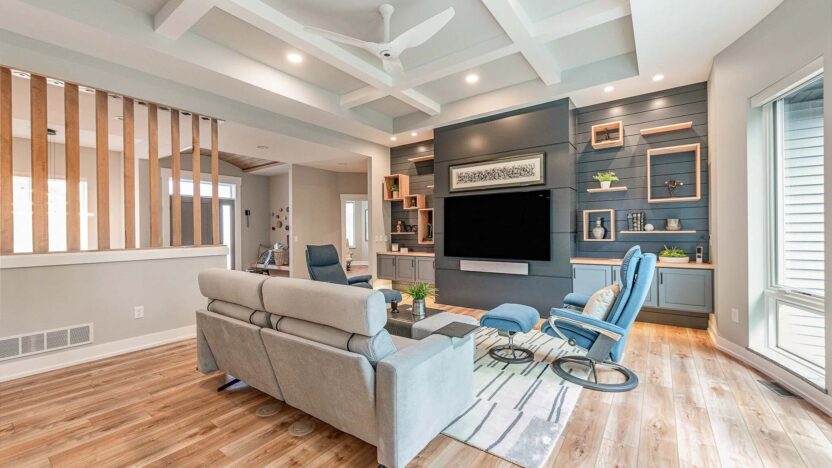 Modern living room with custom shelving and tv stand
