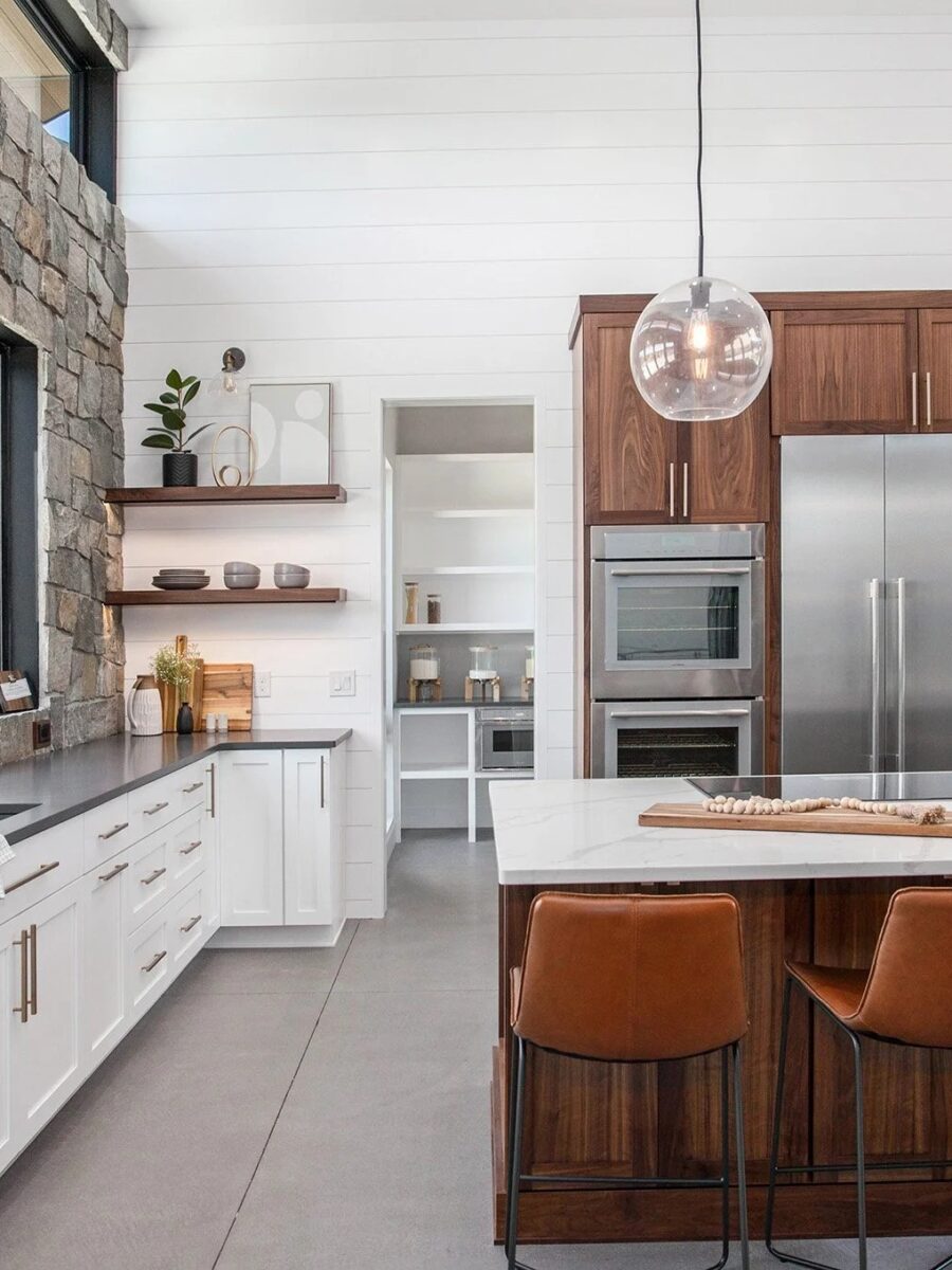 Modern industrial kitchen and dining room area